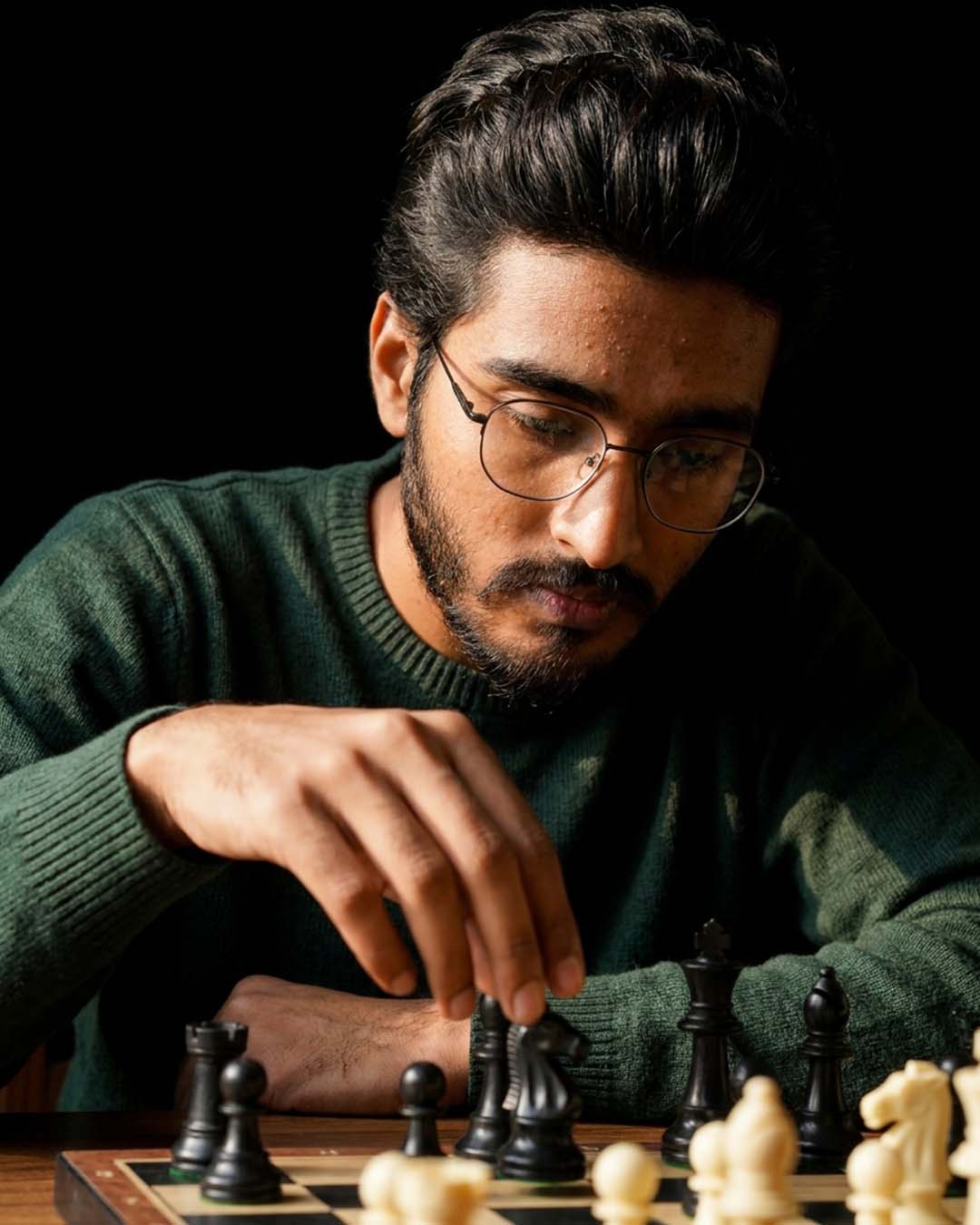 Himanshu Narwaria considering his next move at a chessboard