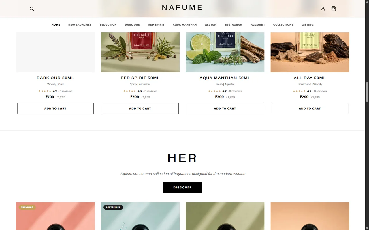 NAFUME product grid with ratings, pricing and add-to-cart