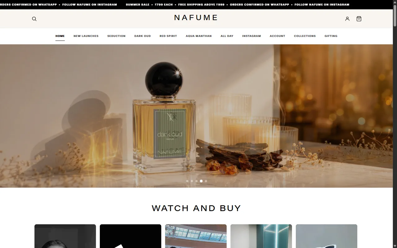 NAFUME homepage — premium perfume photography hero