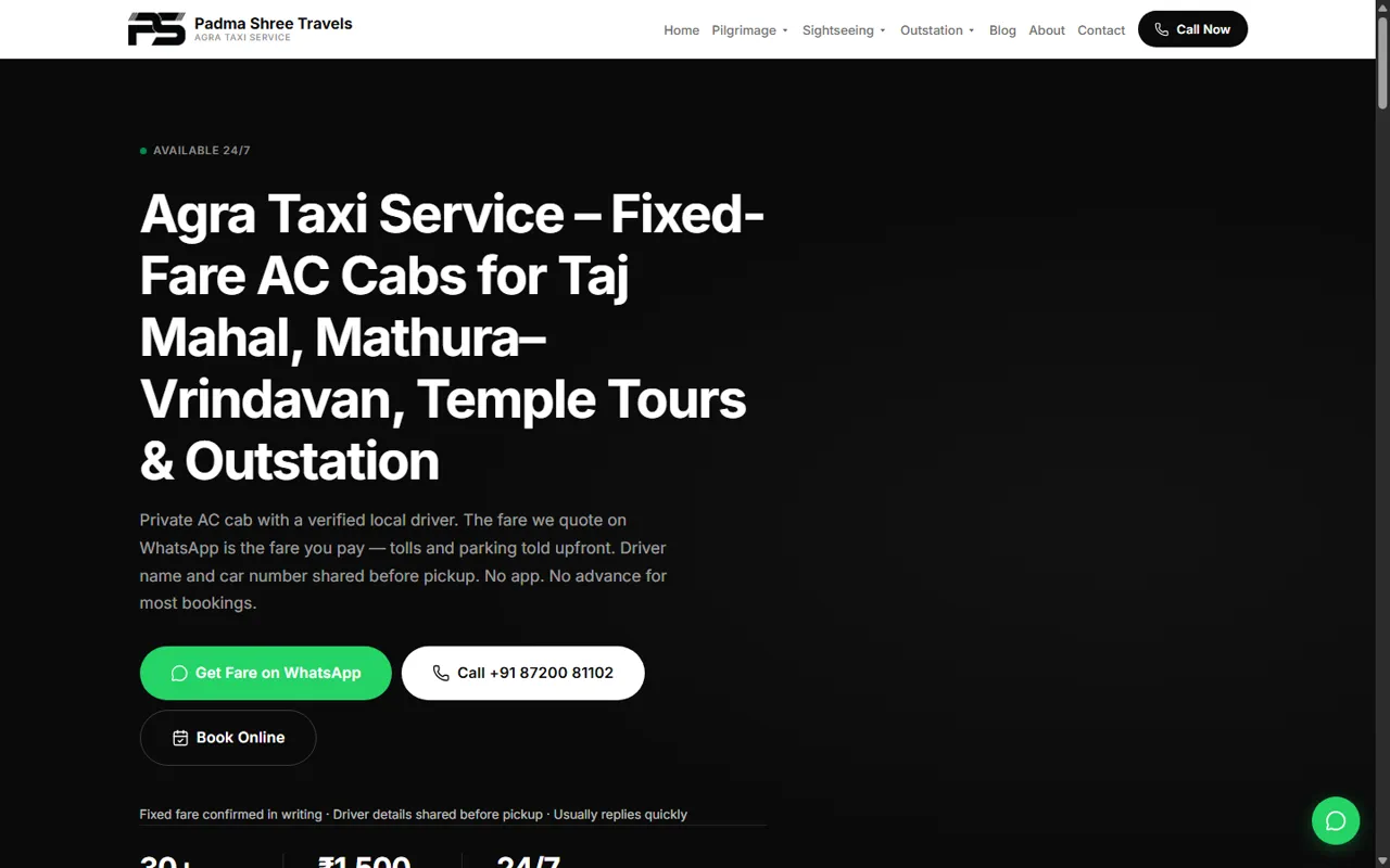 Padma Shree Travels homepage — dark hero with fixed-fare promise and WhatsApp booking