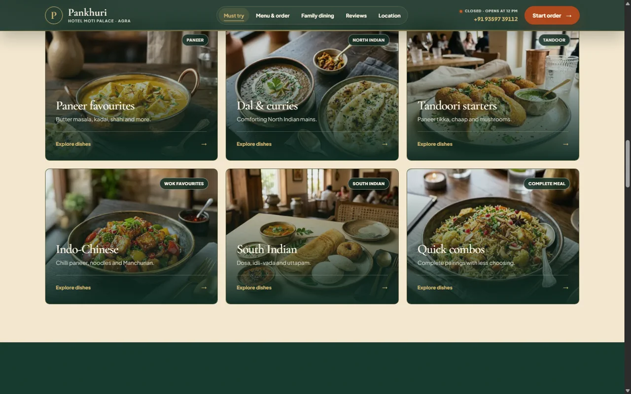 Pankhuri menu category cards with food photography