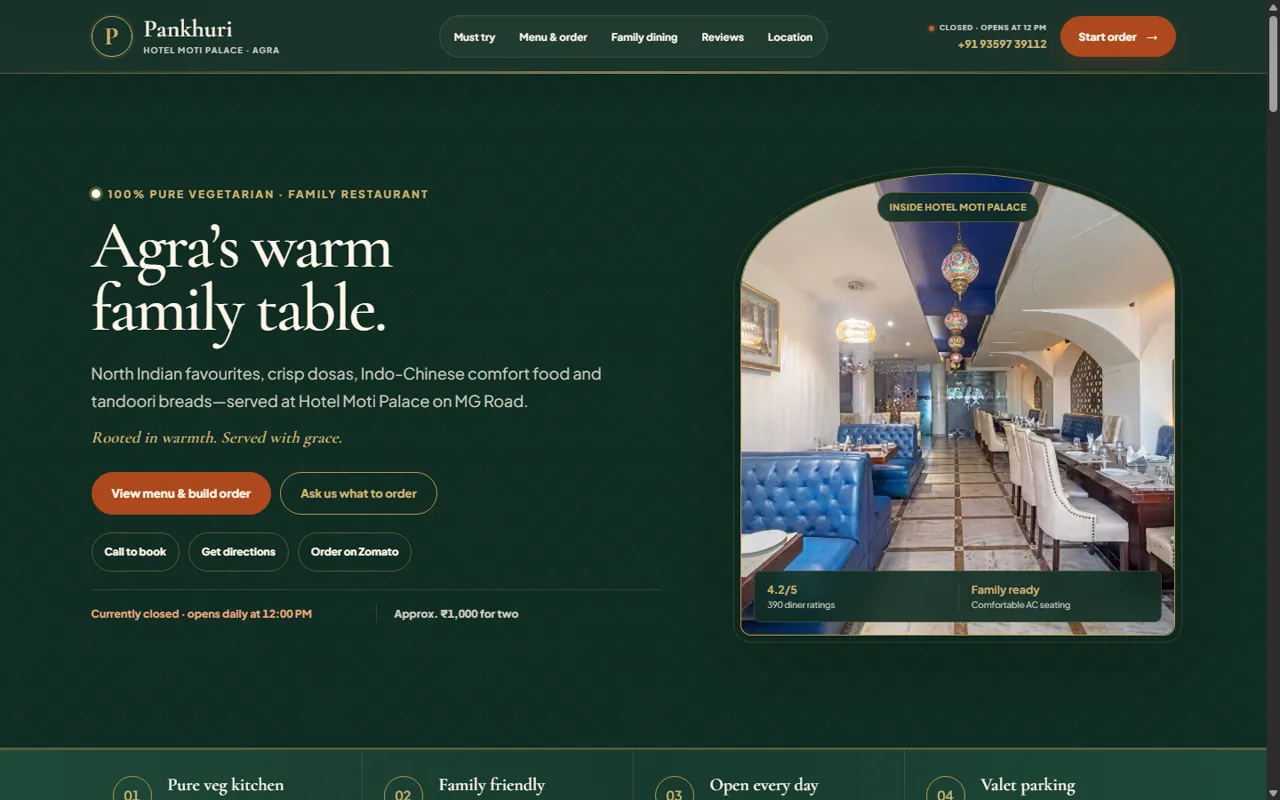 Pankhuri restaurant website — emerald and gold hero with live open status