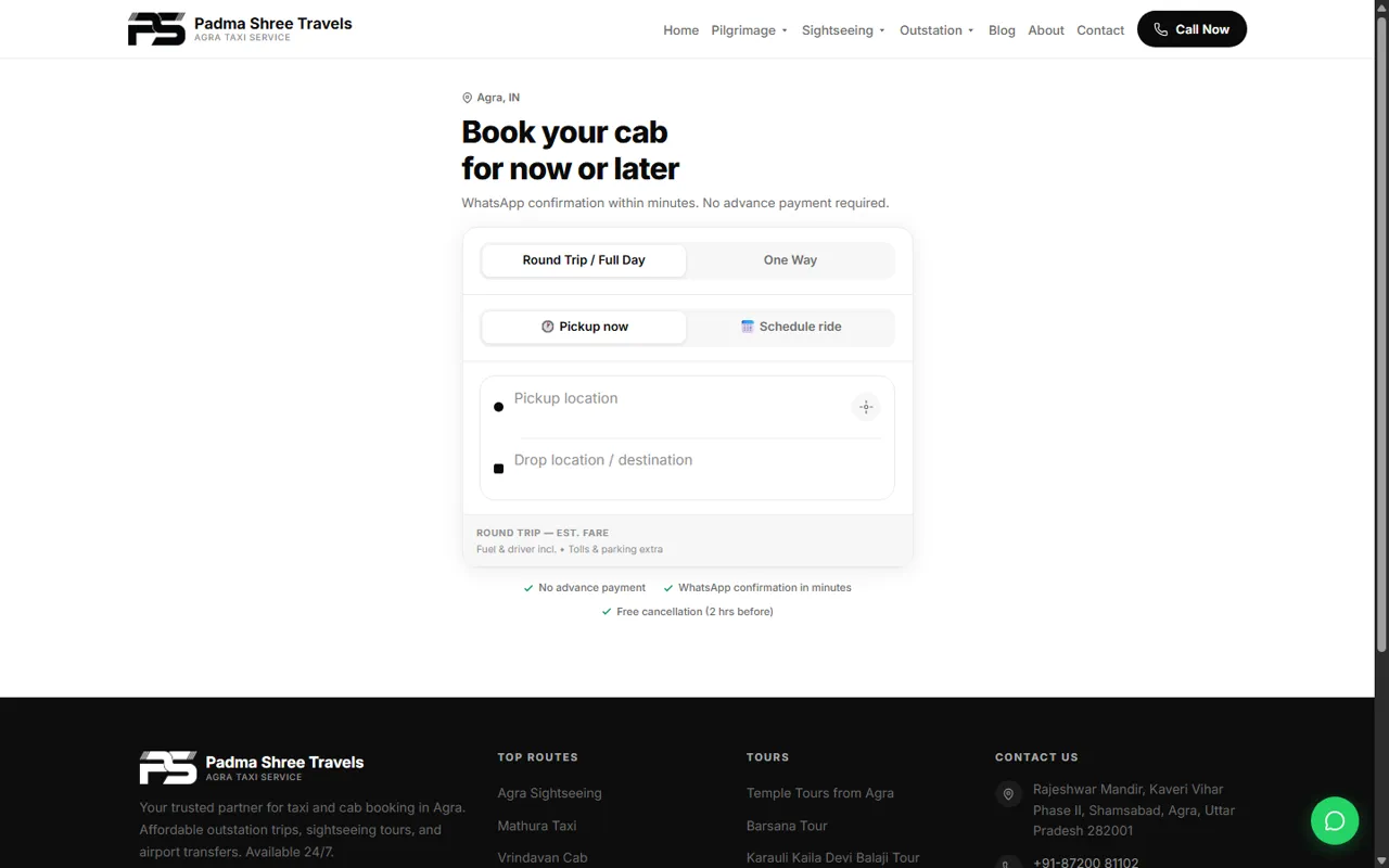Booking page with round-trip and one-way fare widget