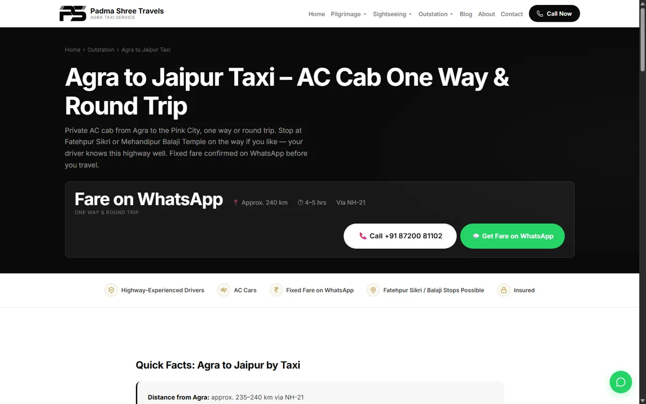 Agra to Jaipur route landing page