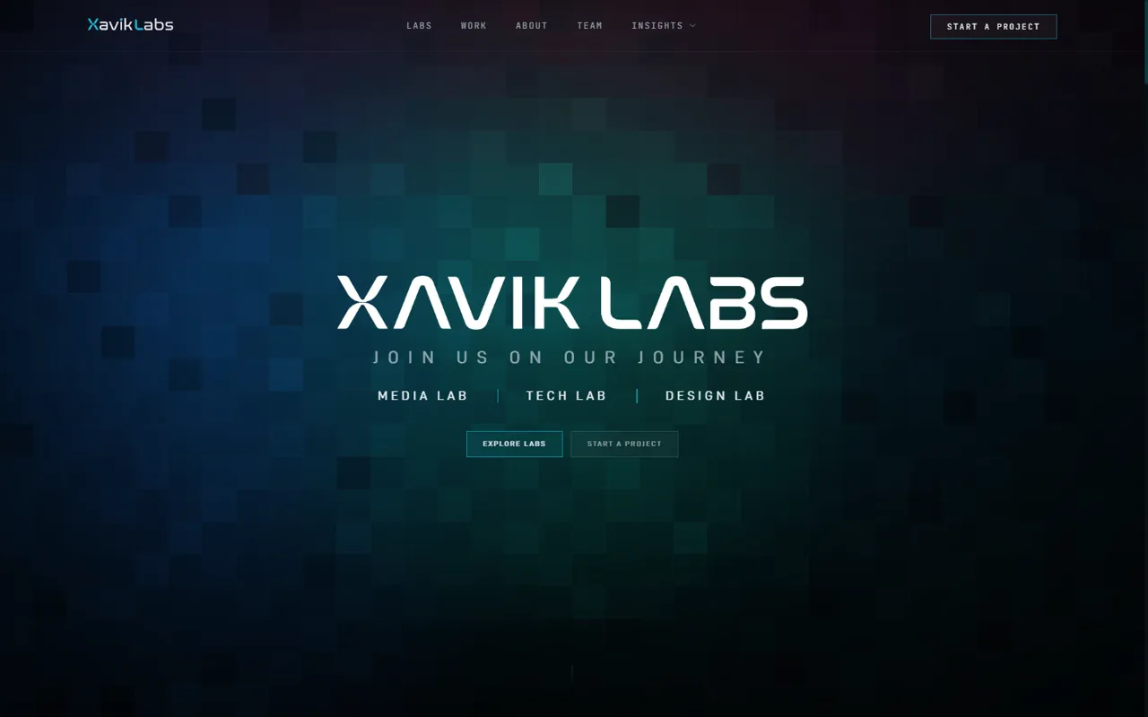 Xavik Labs homepage — dark immersive pixel-field hero